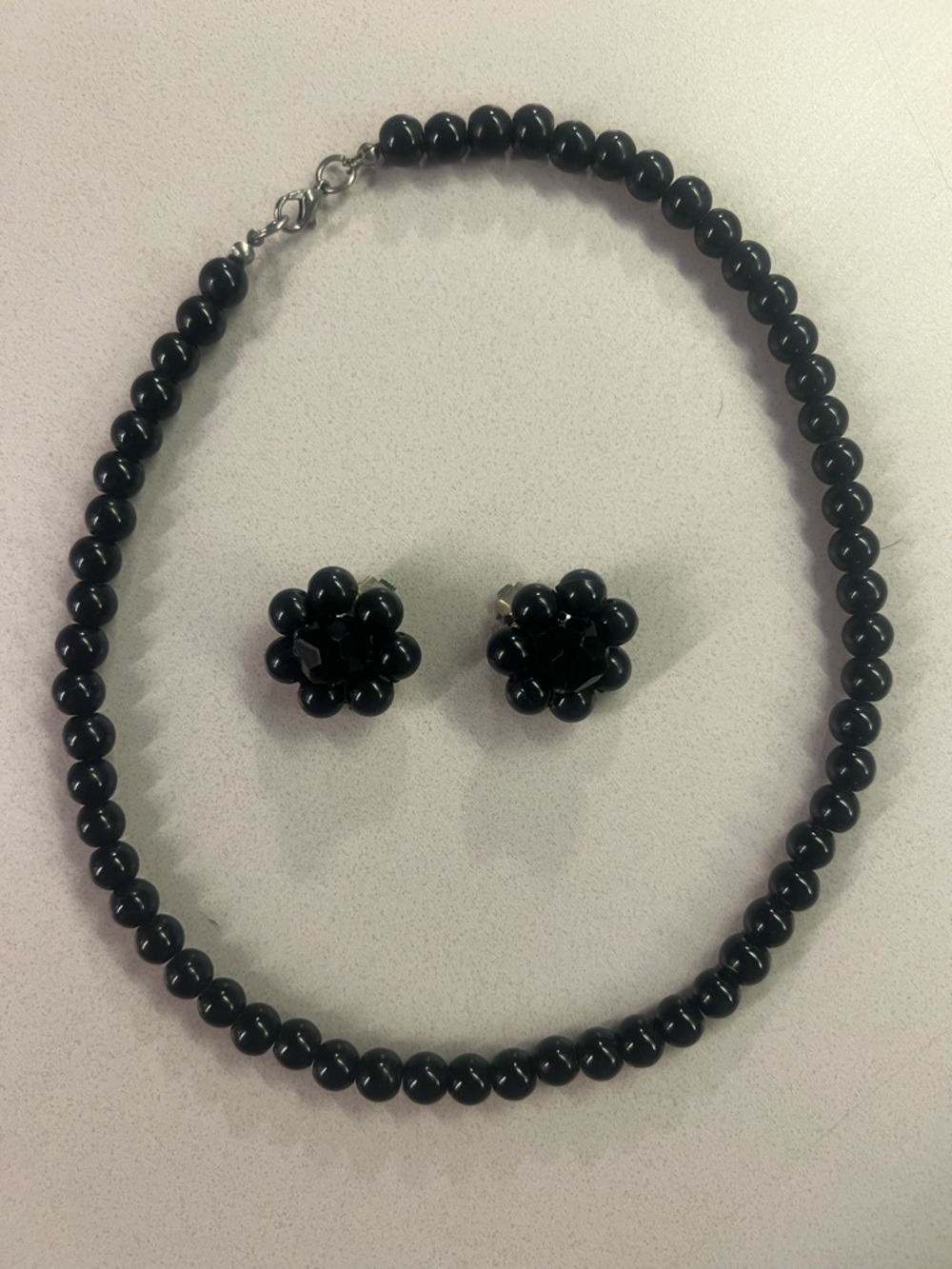Vintage Black Beaded Necklace with Flower Clip Earrings